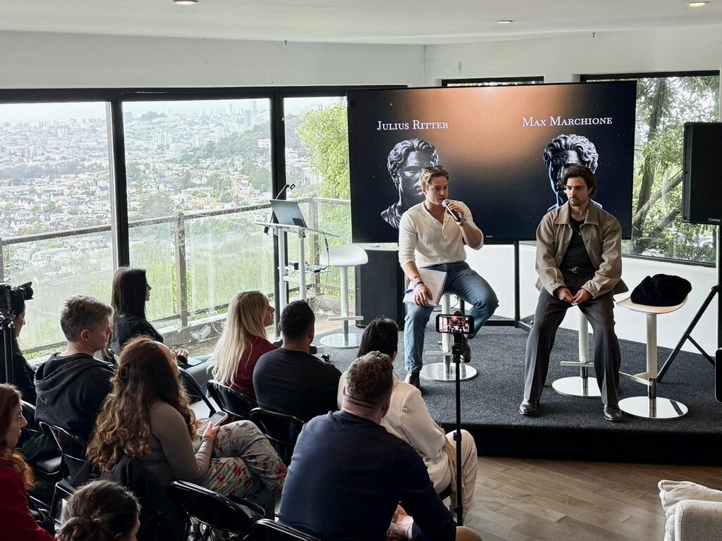 Julius Ritter and Max Marchione in conversation on stage above San Francisco